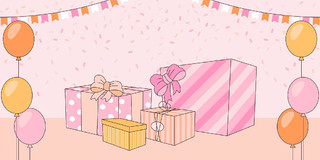 粉色小清新卡通气球礼盒生日邀请函展板背景